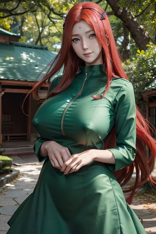 1girl, uzumaki kushina in anime naruto, long hair, red hair, blue eyes, smile, beautiful, sexy dress, sexy clothes, green clothes, very big breast, realistic clothes, detail clothes, outdoor background, ultra detail, realistic