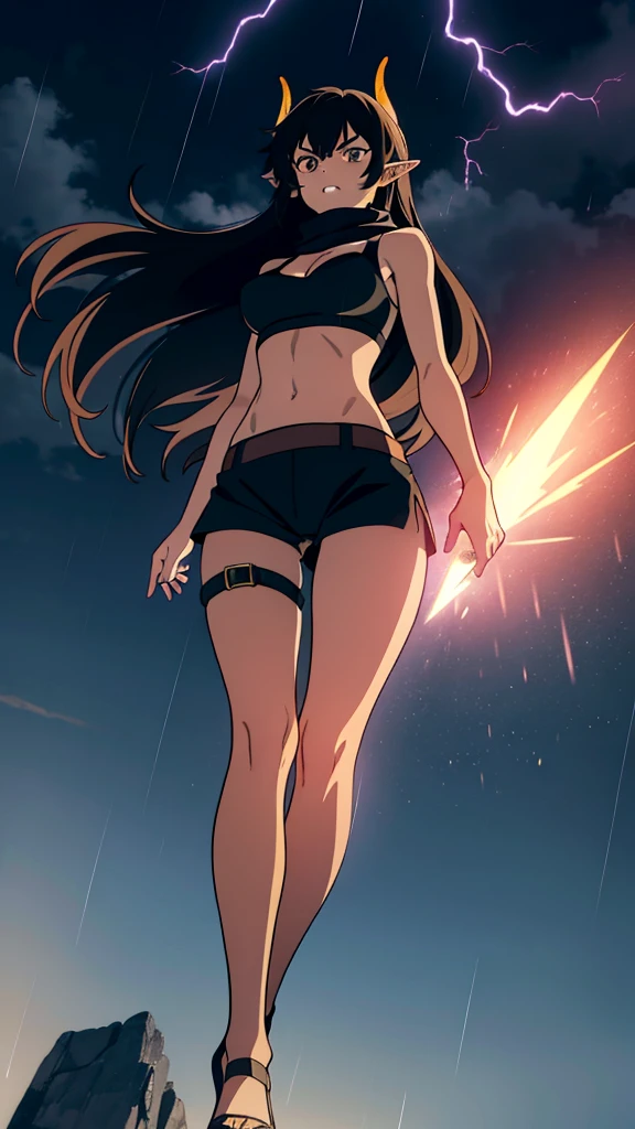 ((1girl,solo,mature female,25s,adult)),long hair, black hair,angry,horns,elf ears,black scarf,cleavage,((dark skin)),((black sports bra, midriff)),((black pantyhoses)),night, fireflies, fantasy,rain,thunder clouds,walking,lightning,lightnings lights,sparks,lightning magic,((shot from below,focus on feet))