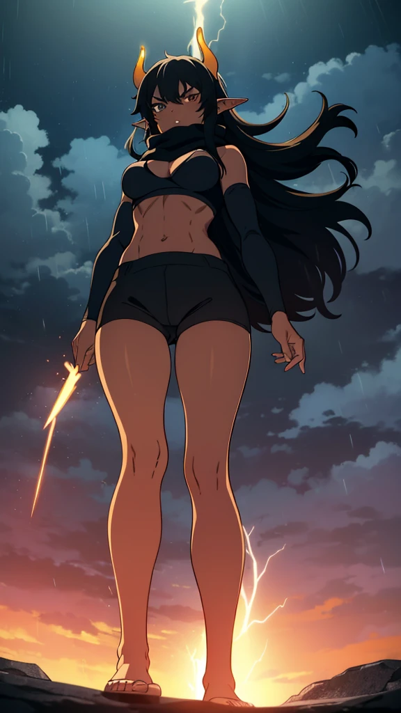 ((1girl,solo,mature female,25s,adult)),long hair, black hair,angry,horns,elf ears,black scarf,cleavage,((dark skin)),((black sports bra, midriff)),((black pantyhoses)),night, fireflies, fantasy,rain,thunder clouds,walking,lightning,lightnings lights,sparks,lightning magic,((shot from below,focus on feet))