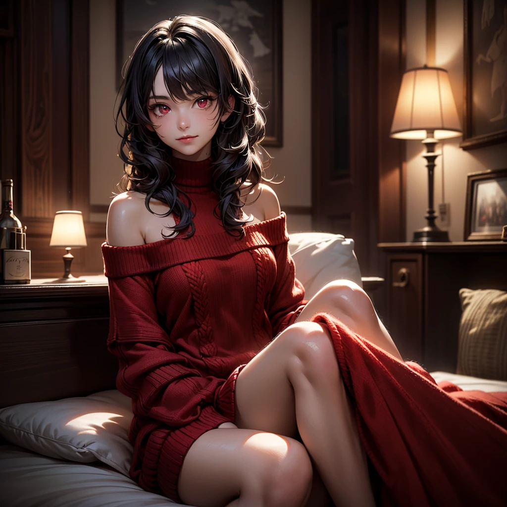 Masterpiece, best quality, high resolution, ultra detailed, slight smile, a woman long black wavy hair with bangs amd red highlights, red eyes, a beautiful girl looking at the camera, Frontal view, ((off-the-shoulder light red sweater,)) bare legs, night, warm interior room, image illuminated by a small lamp, depth of field, (half body: 0.6),