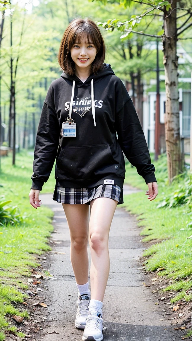 (8k、RAW Photos、highest quality、masterpiece:1.2)、(Realistic、Realistic)、1 girl、((Black hoodie、Check mini skirt、ribbon、sneakers、Large Breasts、smile、Medium Hair、View from the front、in the forest、Are standing))、Lots of eyelashes、Glowing eyelids、skeletally correct