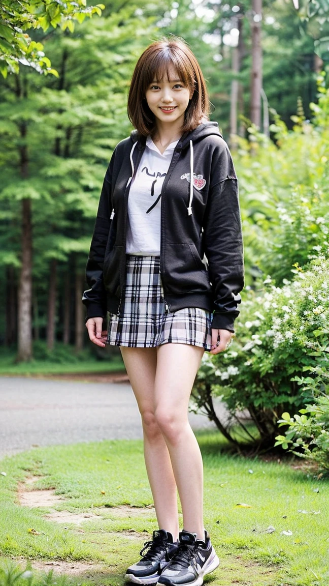(8k、RAW Photos、highest quality、masterpiece:1.2)、(Realistic、Realistic)、1 girl、((Black hoodie、Check mini skirt、ribbon、sneakers、Large Breasts、smile、Medium Hair、View from the front、in the forest、Are standing))、Lots of eyelashes、Glowing eyelids、skeletally correct