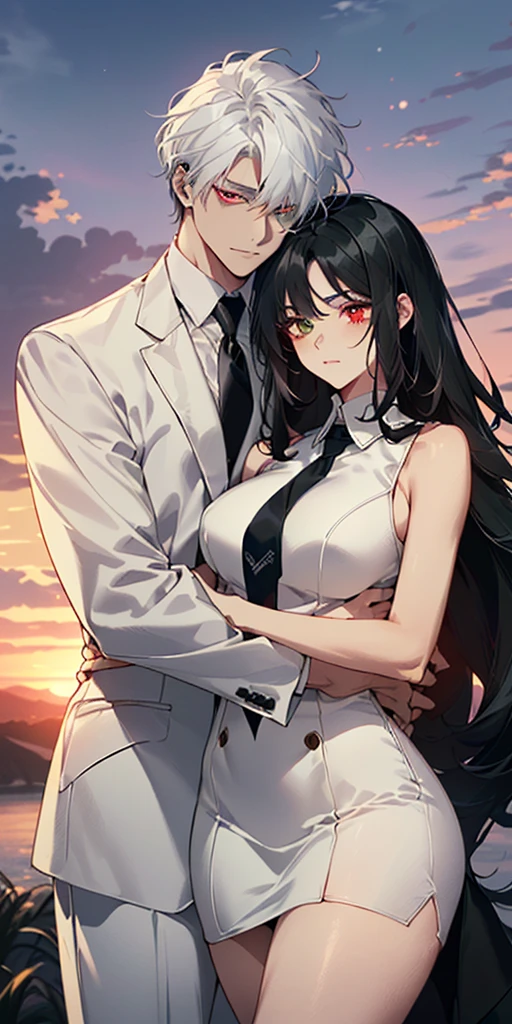 1 man and 1 women standing together with his arms around her. ((The woman is wearing a [((black sleeveless v neck dress))], breast, curves, seductive body, thick thighs, ((green eyes and long black hair)).)) ((The man is wearing a ((white suit with a tie)), and has ((white hair and red eyes)))). ((Detailed Eyes)), anime style, sunset
