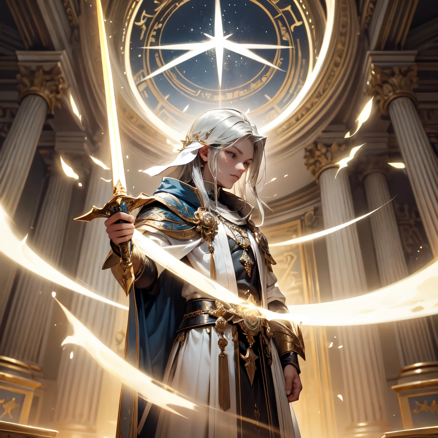 Create an 8K ultra HD digital image of a noble sacred court magician with blonde hair, longos e ondulados, dressed in high magic attire, in the castle library. The wizard has light blue eyes and fair skin. He is dressed in a royal robe of sky blue velvet with gold and silver trim., Adorned with magical jewels that glow softly. He wears a golden crown with precious stones, gold bracelets on her wrists and a magical amulet around her neck. in library, the wizard wields the Sword of Zeus. The sword is made of celestial gold and emits golden rays, with divine inscriptions along the blade that shine brightly. The hilt of the sword is adorned with small rays and lightning., symbolizing his supreme power. He holds the sword in a contemplative pose, ready to protect sacred knowledge, while electric sparks dance around you. The Sword of Zeus is known for its ability to control thunder and lightning, and an aura of divine power emanates from her. The library is vast and imposing, with tall shelves filled with ancient books and rare manuscripts. Large windows let in natural light, illuminating the intricate details of the bookshelves and reading tables. The image should capture the stillness and wisdom of the library, highlighting the wizard's interaction with the Sword of Zeus.