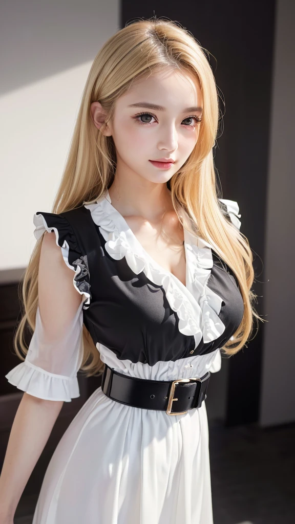 (((Blonde、forehead、White background、シンプルな無地のWhite background、Frills、race、Black clothes、belt)))、Highest quality, White skin, Real human skin, (Detailed face), Oval Face, pores, Ultra-high resolution, (8K, RAW Photos, Realistic:1.4), One girl, slim, (She looks straight at the viewer with a calm, goddess-like happiness.:1.2), (Lifter Gloss, eyelash, Shiny surface, Highest quality, Ultra-high resolution, Wide lighting, Natural Shading), Teacher Fashion, No sleeve, dress, Put your arms behind your back:1.3, Bokeh, Depth of written boundary, Cowboy Shot:1.3,