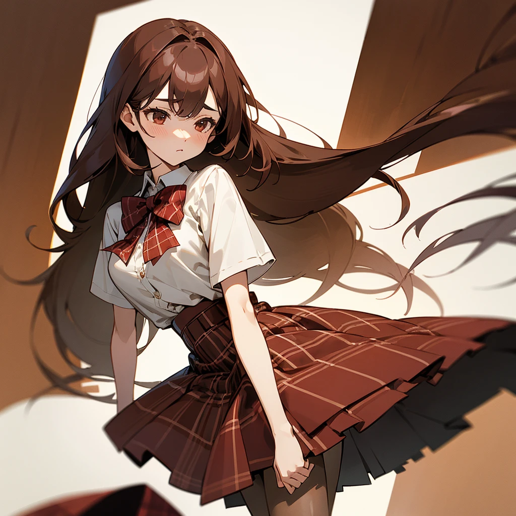 ,,aamahiru, long hair, red bowtie, white shirt, short sleeves, plaid skirt, brown skirt, pantyhose
,{{{masterpiece}}}, {{{best quality}}}, {{ultra-detailed}}, {illustration}, {{an extremely delicate and beautiful}}