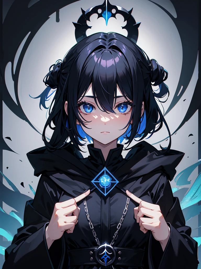 25-year-old girl、Rune background、black magician、Wearing a black robe、mesmerize、cute woman、Elegant hairstyle、indigo hair color、Slightly shorter hair、blue eyes、look at the viewer、masterpiece、Best image、