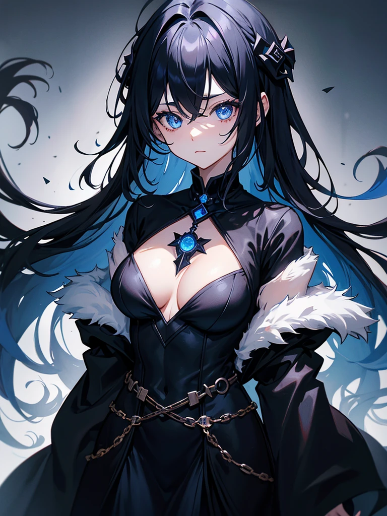 25-year-old girl、Rune background、black magician、Wearing a black robe、mesmerize、cute woman、Elegant hairstyle、indigo hair color、Slightly shorter hair、blue eyes、look at the viewer、masterpiece、Best image、