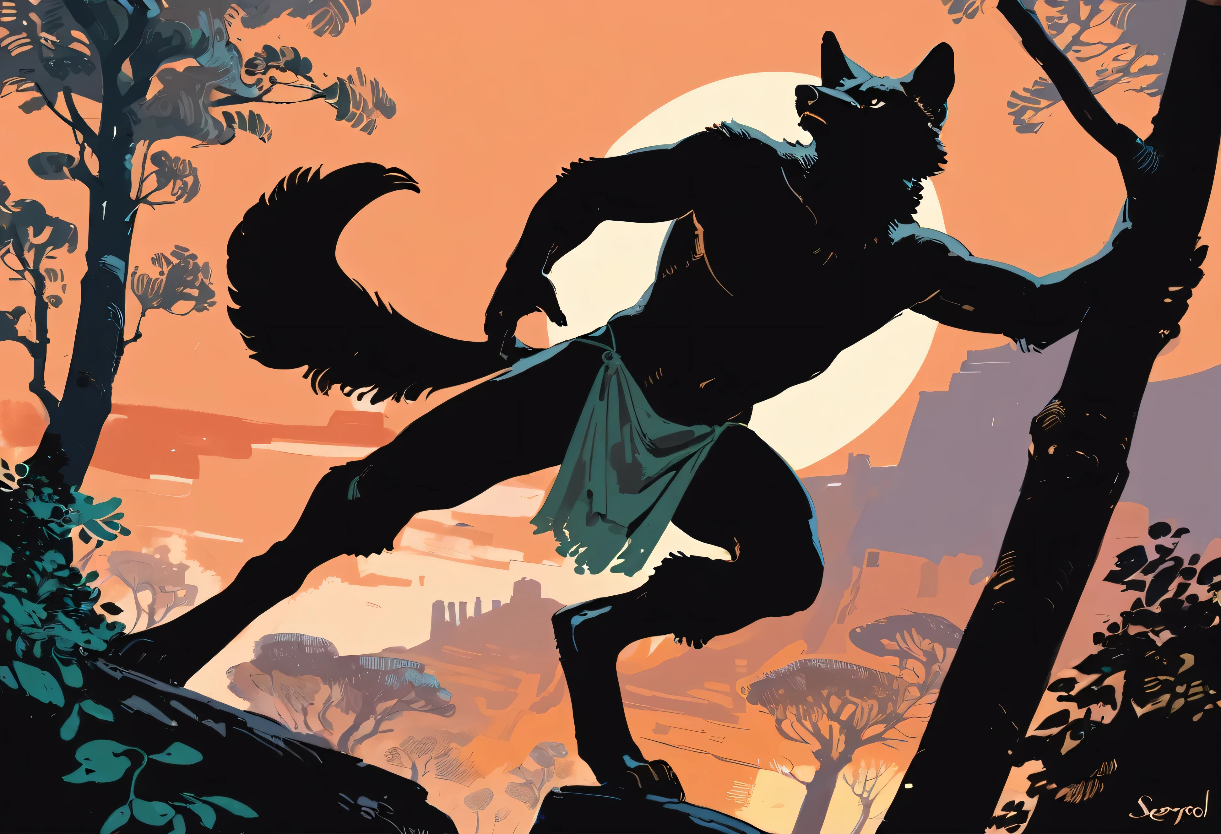 solo, male, anthro, (coyote), by seyorrol, digitigrade, digital artwork, (flat colors:1.2), ((detailed background)), (perfect hands), intricate detailed background, powerful silhouette, mysterious shadows, realistic shading, (epic, masterpiece, high quality, 8k, ultra HD, absurd res, top quality, best quality, max quality, masterpiece), loincloth, ((sexy, ((feminine body)))), looking upward, chin up, (tail:1.2), dusk,