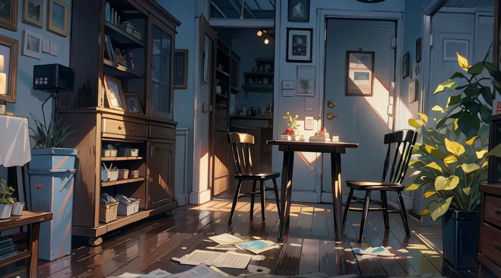 (best quality,masterpiece:1.2,detailed details,4k),A dim old apartment, a small birthday cake on an old wooden table, a modern apartment, an alarm clock on the wall, an anime scene,the wooden floor,