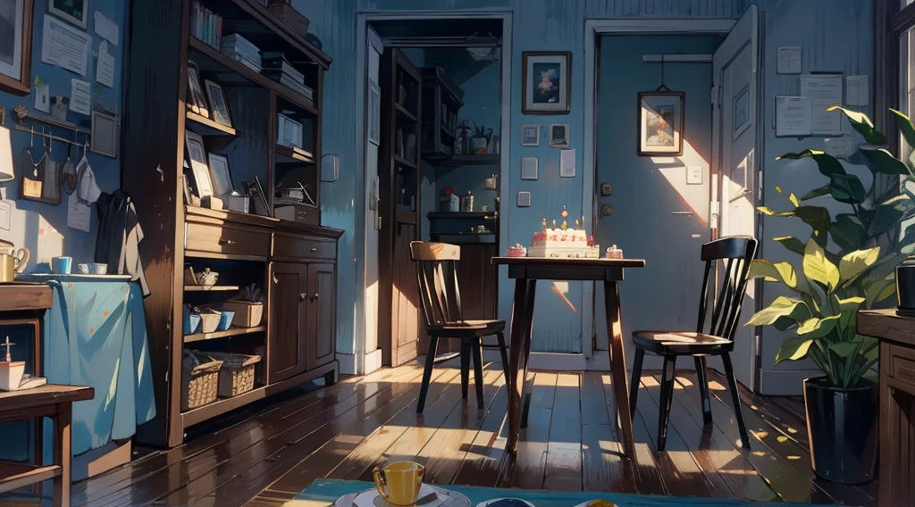 (best quality,masterpiece:1.2,detailed details,4k),A dim old apartment, a small birthday cake on an old wooden table, a modern apartment, an alarm clock on the wall, an anime scene,the wooden floor,