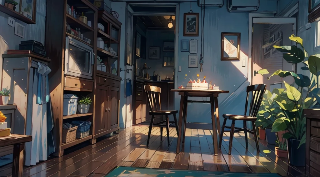 （best quality，masterpiece：1.2，detailed details，4k），A dim old apartment, a small birthday cake on an old wooden table, a modern apartment, an alarm clock on the wall, an anime scene,the wooden floor, 