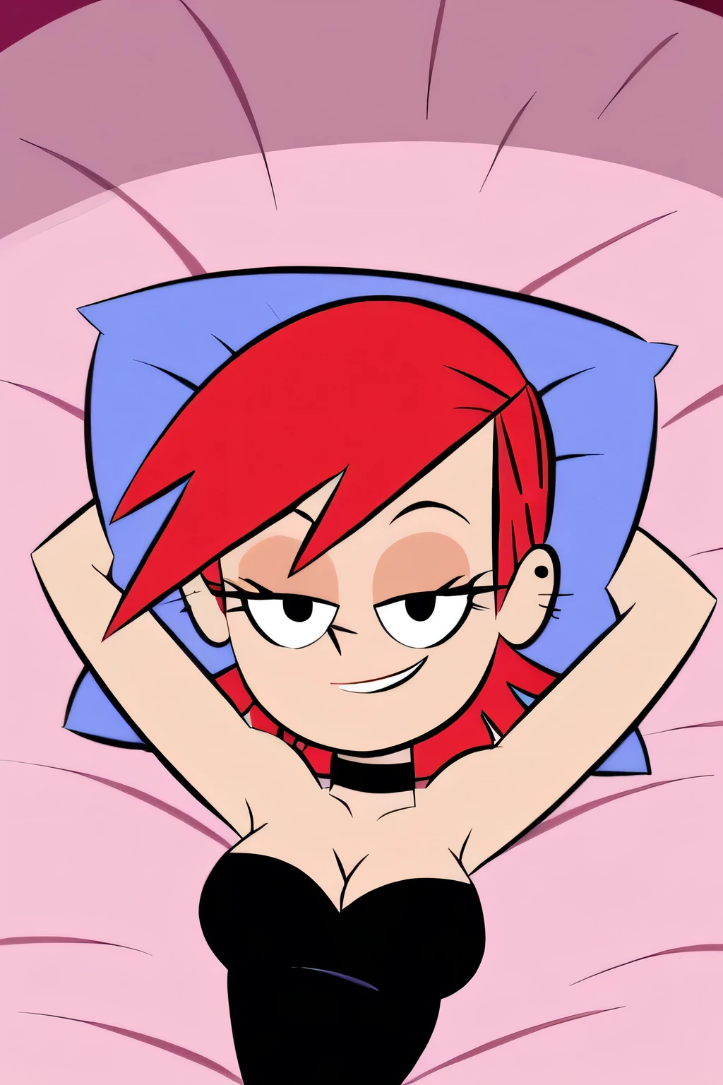 FrankieFoster, red medium hair, red bob hair cut, black eyes, solo, strapless black dress, smug, chocker, beautiful, cleavage, hugging a blue pillow, black chocker, seductive smile, looking at viewers, black high heels, lying on a pink satin sheet-covered bed