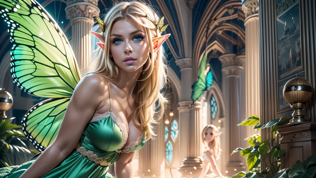Beautiful, Amazing face and eyes, makeup, (extremely detailed beautiful face), Blonde, (sexiest look), (Beautiful breasts:1.3), (Best Quality:1.4), (Ultra-detailed), (extremely detailed CG unified 8k wallpaper), Highly detailed, RAW Photos, Professional Photography, (silk see through lace:1.3), full body, sitting, (Spread your legs), (:1.4), plein air, Illumination, (Super fancy photos:1.4), (Dazzling light), Radiant Photography, depth of fields, (Glowing blue eyes), (realistic elf ear), (castle, fantasy setting), ((orbs)), massive butterfly wings, flowing butterfly wings,