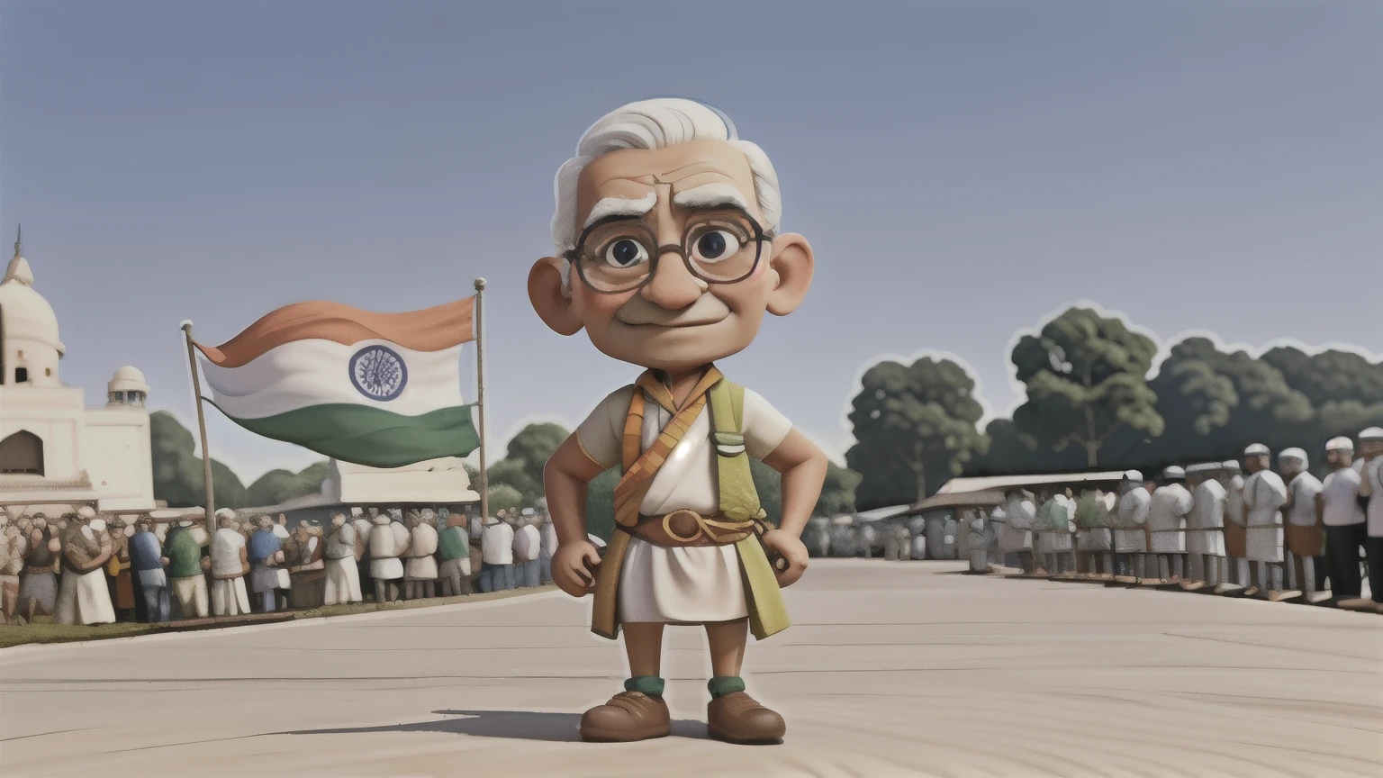 A powerful illustration of Mahatma Gandhi, wearing round eyeglasses and a white dhoti, leading a peaceful protest march with a determined expression, Indian flag waving in the background, symbolizing peace and resilience