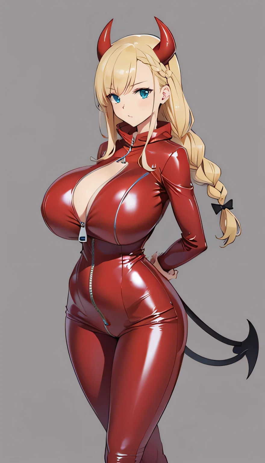 SFW, (Red latex devil costume with zipper open), (Huge breasts, Huge breasts, Large Breasts), Put your arms behind your back, Firm breasts, Slim waist, Curvaceous figure, (blonde_hair, green_eye), Braid