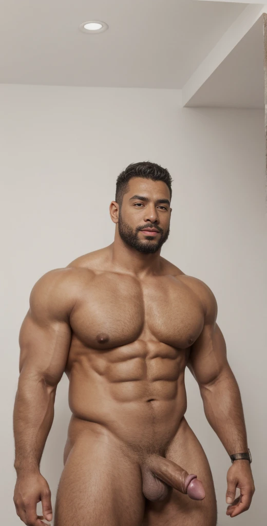 1boy, solo, facial hair, male focus, bulge, pectorals, bara, muscular, mature male, muscular male, abs, beard, nipples, short hair, navel, stomach, large pectorals, thick eyebrows, bare pectorals, dark-skinned male, business suit and tie clothing, erection, thighs, erection under clothes, white shirt, dark skin, open clothes, black bodysuit, pectoral cleavage, cowboy shot, feet out of frame, thick thighs, looking at viewer, business costume, masterpiece, 4k, high quality, highres, absurdres,