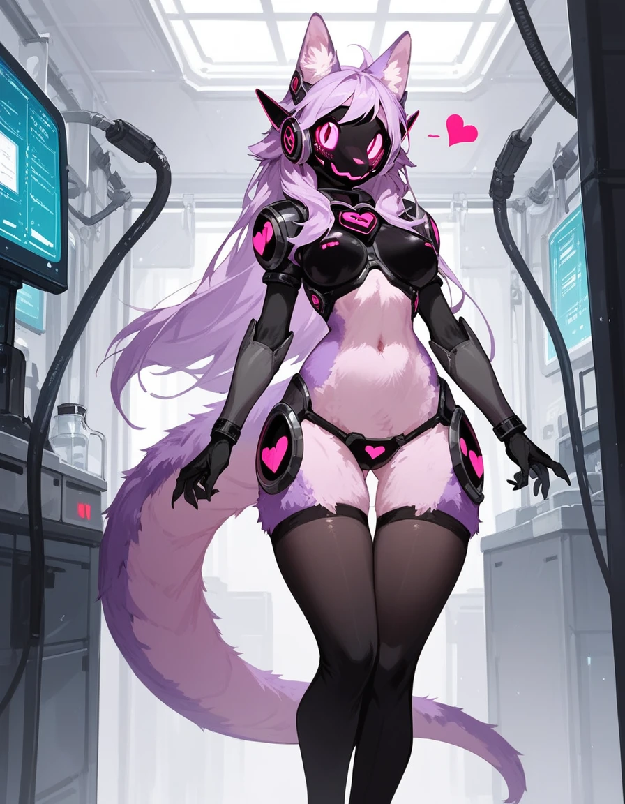 Score_9, score_8_up, score_7_up, protege, protogen face, female, light purple fur try body, cute purple tail, , in a clean laboratory, black thigh highs, solo:1.3, hyper detailed, unreal engine, she is standing, hearts for eyes, front view