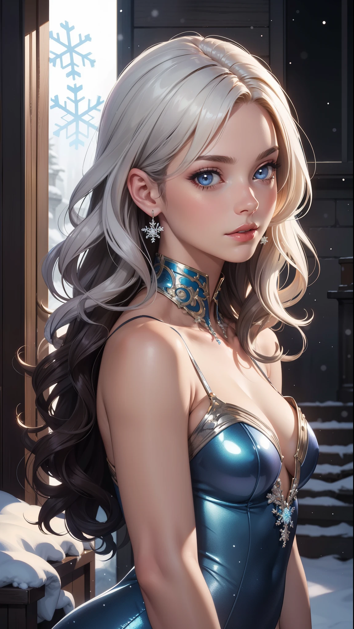 Create beautiful, Realistic fantasy artwork with vibrant jewel tones, Nice shine and shimmer, And a lot of snowflakes. Create a radiant woman with curly hair., metal hair, and realistic textured hair. Her skin is pure white，Seems, glows under the light. A woman's face matters: including ((soft, down jacket, big lips, elegant functionality, And the most beautiful Детальs macro eyes)) in the world. Woman in a winter landscape，Snowflakes and snowflakes gently fall., soft белый мех, Subtle iridescent Детальs, Subtle phantom rainbow Детальs, and delicate and exquisite jewelry，Shimmering under the lights. Includes many small fantasy Детальs，For example, hair spring, fitter, Delicate and charming embroidery, and sparkling luminous lighting. The woman's face is not obscured by Детальs，Her eyes are sharp，Permission высокое. Mix dreamy colors, Dynamic lighting, and Детальed background elements，Create a feeling of awe and immersion. These include colorful flying magical birds and jewel-colored butterflies, exuding magical halos.. Let's look at the latest trends in fantasy art., such as incorporating unique lighting effects, Learn dynamic and compelling composition techniques., And try a unique color palette. Take inspiration from the top artists on ArtStation and Midjourney.. Camera: Choose an angle, which will highlight the beauty of the characters and emphasize the magical grandeur of the work of art.. lighting: Create depth and atmosphere with atmospheric lighting technology. Permission: Aim for high-resolution images，to showcase intricate Деталь and clarity. Artistic inspiration: Get inspiration from popular artists at ArtStation, Explore different styles, genre, and theme. White skin, pale skin, Skin is really pale, The skin is really white, Beautiful eyes, Fantastical Детальs, small with