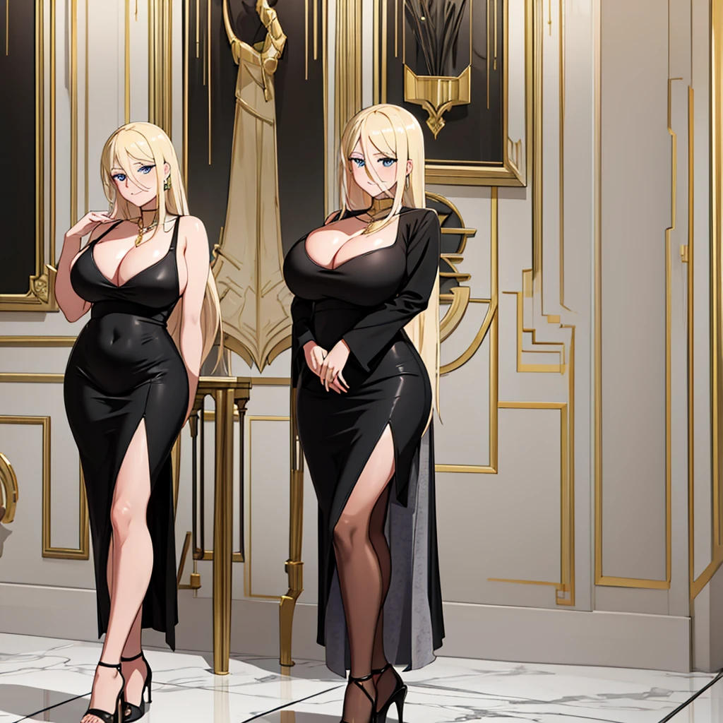 A woman wearing a luxury black dress, gold details on the dress, black heels, blonde hair, long hair, big breasts, blue eyes, smiling, standing, postured, in a luxury room, light gray marble floor, white wall , large luxurious glass windows, perfect face, (solo woman),.HDR, ultra resolution, well defined, masterpiece, 8K HD. (solo woman)
