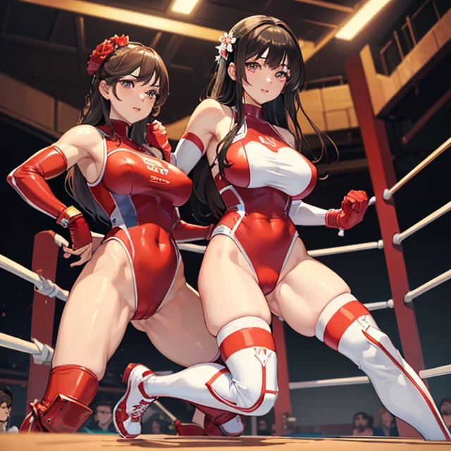 (masterpiece image, very detailed image, best high quality high definition image), solo character, female wrestling
High very detailed Quality image
1girl, 28 years old latina girl, dark brown skin, blue grey eyes, smiling, carefree demeanor, absolute feminine beauty, long dark brown hair tied on braid, pink flower at left side of the hair, thin pale mouth lips, big breasts, beautiful arms, beautiful legs, (Red one-piece Leotard with a white stripe on the hips, red wrestling boots, white knee pads, white elbows pads and red sleeves with red gloves)
Dirty gym and wrestling gym