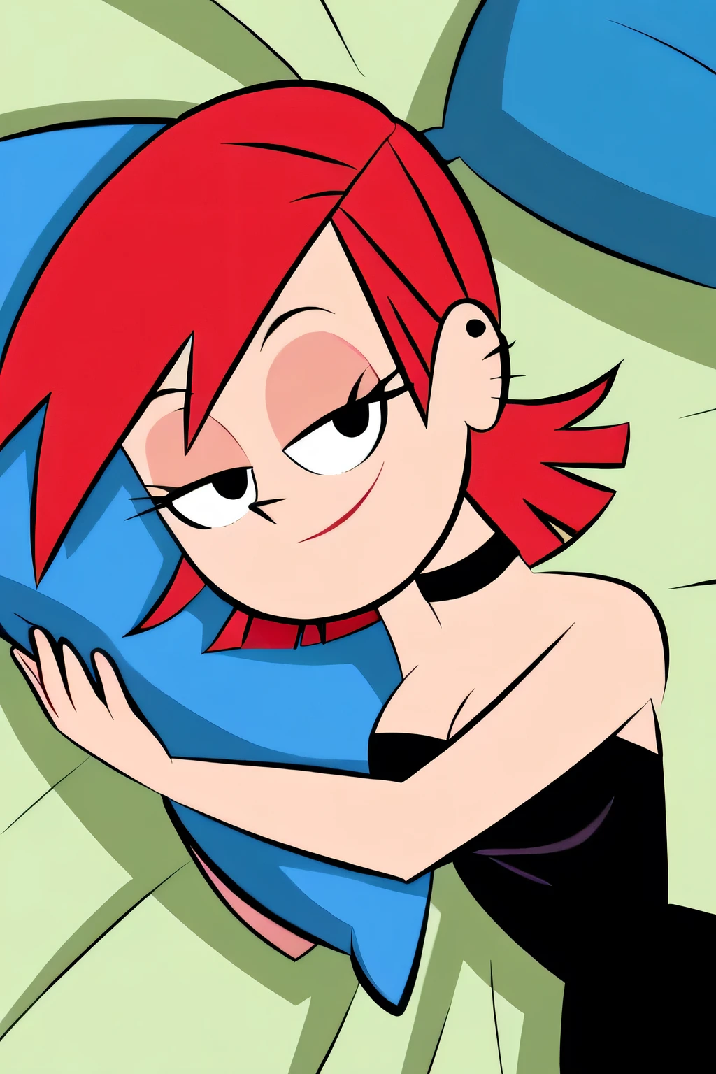 FrankieFoster, red medium hair, red bob hair cut, black eyes, solo, strapless black dress, smug, chocker, beautiful, cleavage, hugging a blue pillow, black chocker, seductive smile, looking at viewers, black high heels, lying on a pink satin sheet-covered bed