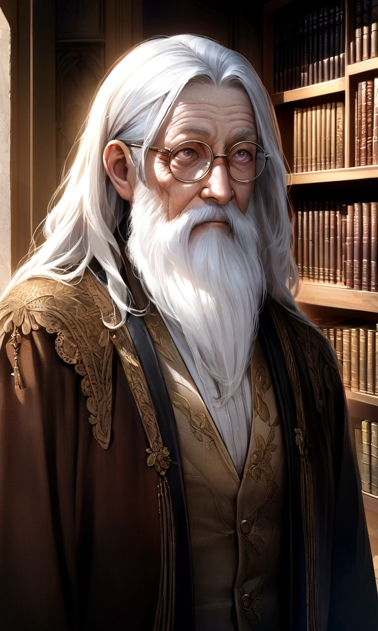 Drawn in ultra-realistic detail、An old philosopher with a profound expression。White hair and long beard、Wrinkled face。Wise eyes reflect a state of contemplation、Wearing old-fashioned glasses。His outfit is simple and classic, a shirt and vest.、In the background is a study with bookshelves lined up。High image quality and fine details、Images with clear contrast between light and shadow。