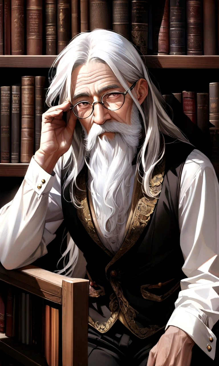 Drawn in ultra-realistic detail、An old philosopher with a profound expression。White hair and long beard、Wrinkled face。Wise eyes reflect a state of contemplation、Wearing old-fashioned glasses。His outfit is simple and classic, a shirt and vest.、In the background is a study with bookshelves lined up。High image quality and fine details、Images with clear contrast between light and shadow。
