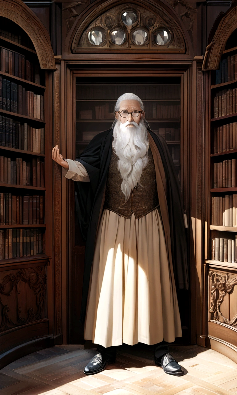Drawn in ultra-realistic detail、An old philosopher with a profound expression。White hair and long beard、Wrinkled face。Wise eyes reflect a state of contemplation、Wearing old-fashioned glasses。His outfit is simple and classic, a shirt and vest.、In the background is a study with bookshelves lined up。High image quality and fine details、Images with clear contrast between light and shadow。