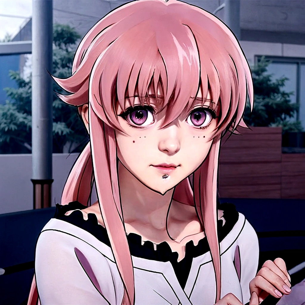 Anime girl with pink hair and pink eyes holding a cell phone., Gasai Yuno, Gasai Yuno, Gasai Yuno, Gasai Yuno, Mirai Nikki, female cartoon character, Chica anime llamada Gasai Yuno, anime visual of a young woman, Gasai Yuno, in the anime movie, mirai nikki's style., cartoon character