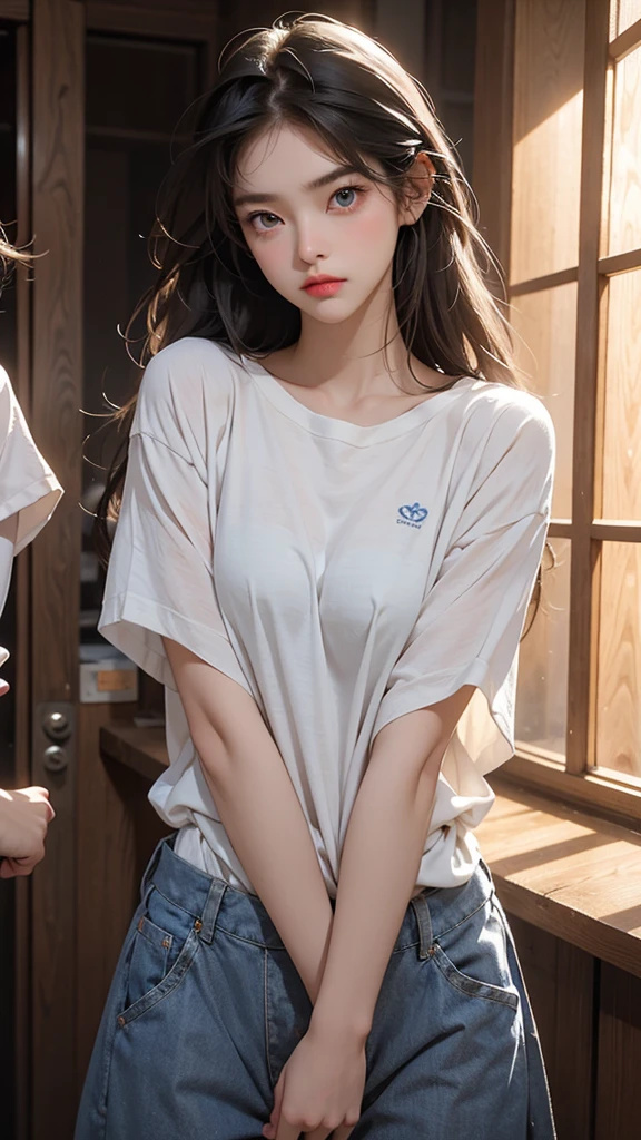 Create an image of a stunning beauty who is half French and half Japanese. She has an exceptionally beautiful face, with striking blue eyes and long, straight blonde hair. She wears a cute dress and has a furrowed brow expression, as if expressing anger and dissatisfaction. Her arms are crossed, and she appears upset. The second person is a man with black hair and long bangs. He wears a T-shirt and denim. His expression looks sad. The composition should depict both of them in an upper body close-up, engaged in an argument. The beauty should be on the right, and the man on the left, facing each other and arguing. Their eyes meet, and they exchange heated words. The background is a room.