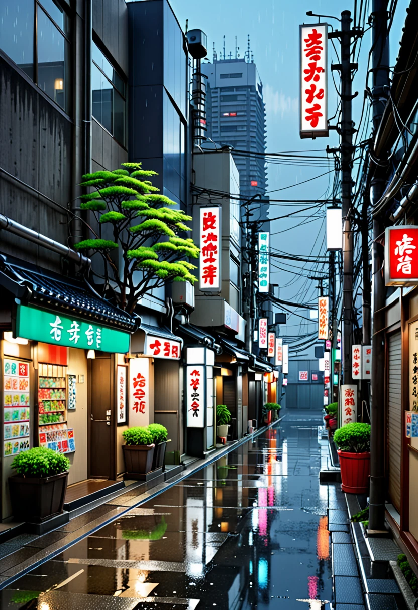 Sad man walking down the street.; Modern Tokyo skyscrapers at night, reflection on the river, futuristic city lights, sleek and minimalist architecture, cyberpunk vibes, neon-soaked cityscape. no one in sight, no people, best quality, anime, anime style, lofi, anime background, anime wallpaper, anime, anime style, lofi, lofi style, modern japanese street, modern japanese architecture, japanese convenience store, big retro japanese shop signs, retro japanese store, trees, plants, rocks, plant pots, shop signs, japanese banners, japanese signs, flags, empty street, no one in sight, (no one: 1), (realistic,photorealistic:1.37), narrow anime street, urban, compact, masterpiece, high details, best quality, super detail, high quality,  narrow japanese urban alleyway, japanese shop signs, japanese signs, japanese banners, banners, plant pots, plants, trees, grass, cobble path, trash cans, nigh time, dark, street lights,,  air vents, gutters, telephone wires, wires, cables, air ventilation systems, lanterns, rain, raining, heavy rain, dramatic weather, puddles on the floor, rain falling from the sky, rain drops, best quality, masterpiece,