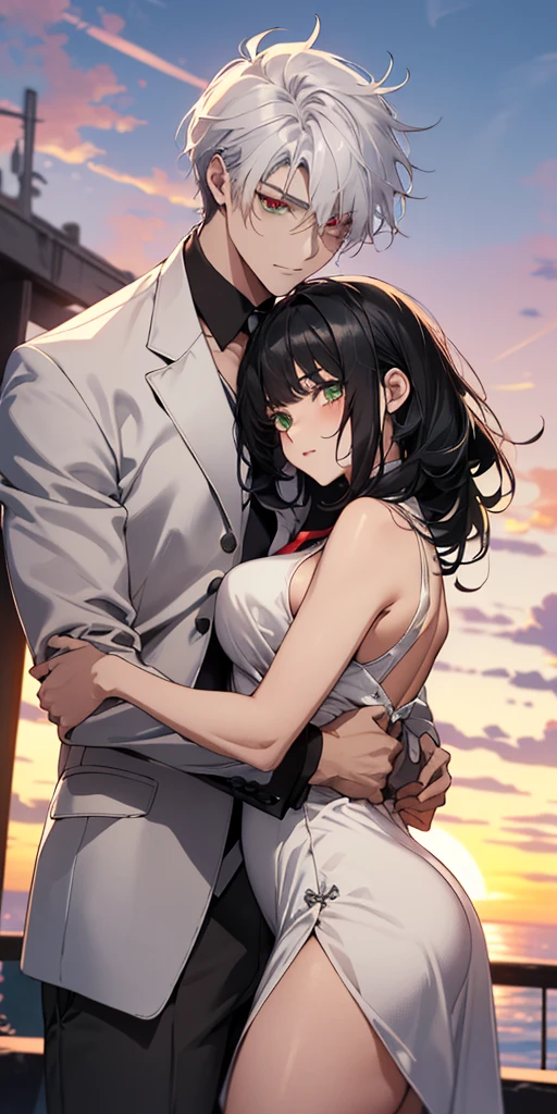 (absurdres, highres, ultra detailed) 1 man and 1 gril  standing together with his arms around her. ((The girl: is wearing a [((black sleeveless v neck dress))], breast, curves, seductive body, thick thighs, ((green eyes and long black hair)).)) ((The man: is wearing a ((white suit with a tie)), and has ((white hair and red eyes)))). ((Detailed Eyes)), anime style, sunset
