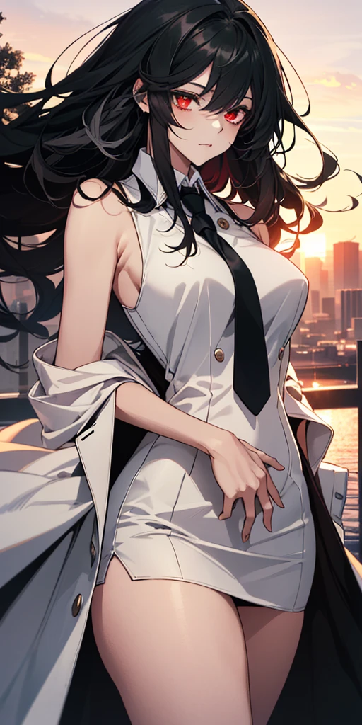 (absurdres, highres, ultra detailed) 1 man and 1 gril  standing together with his arms around her. ((The girl: is wearing a [((black sleeveless v neck dress))], breast, curves, seductive body, thick thighs, ((green eyes and long black hair)).)) ((The man: is wearing a ((white suit with a tie)), and has ((white hair and red eyes)))). ((Detailed Eyes)), anime style, sunset