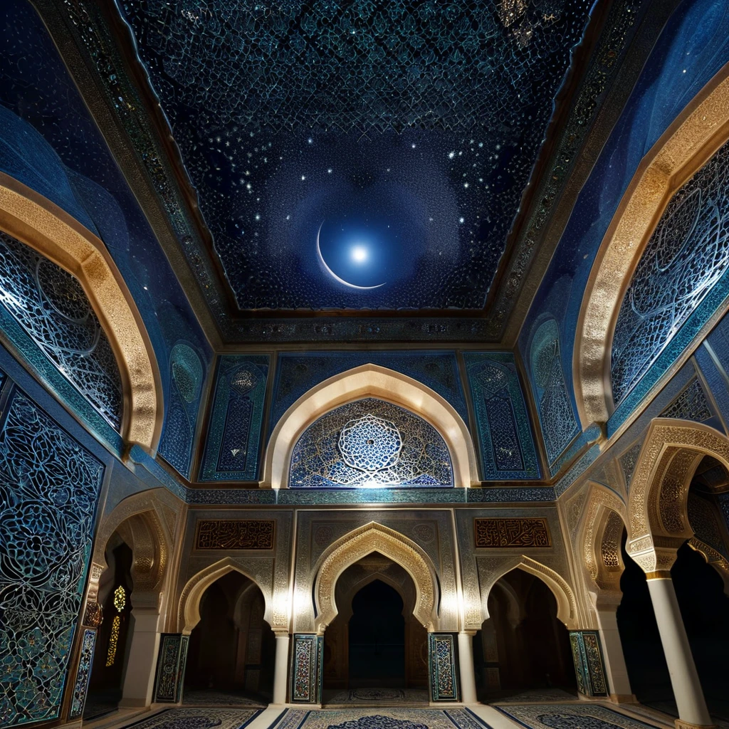 Beautiful arabesque ceiling、Mosque、interior、Super detailed photos、Perspective angle、Night view with the moon