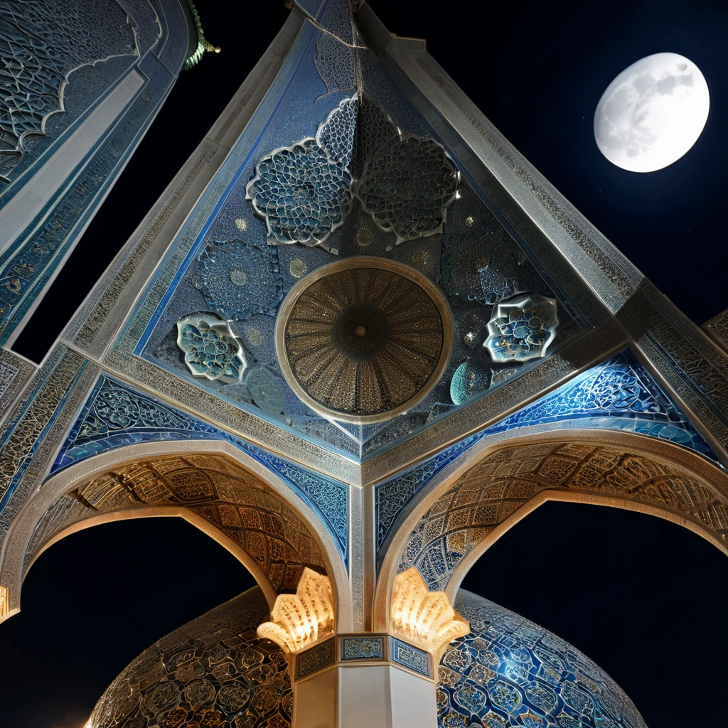 Beautiful arabesque ceiling、Mosque、interior、Super detailed photos、Perspective angle、Night view with the moon