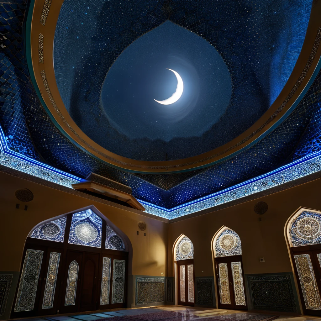 Beautiful arabesque ceiling、Mosque、interior、Super detailed photos、Perspective angle、Night view with the moon