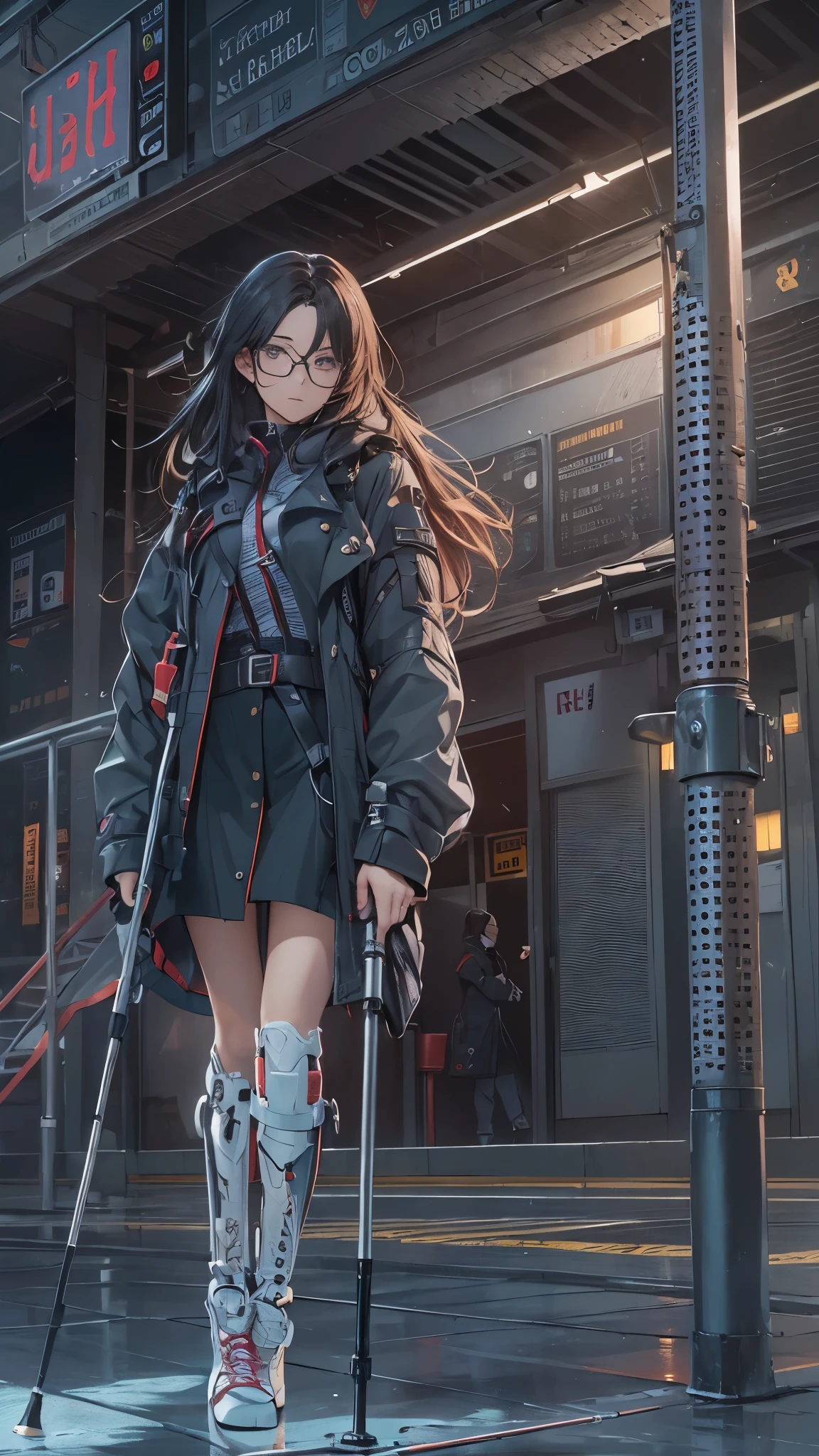 (Very detailed, Realistic), Cityscape, [moderately:Oil], [Professional:1.1], [Physically Based Rendering], [Bright colors], [Sharp focus], [Studio Lighting], [Extreme Detail], [Highest quality,4K,8K,High resolution,masterpiece:1.2],(Detailed face),((inside the hospital)),((One 18-year-old woman)),(Glasses),(Black unkempt hair),(dark),(it hurts),(Scary),[Nervous eyes],((She walks with crutches,Crutch length from armpit,Crutches are at her side)),((she’s putting on her legs in cast)),((leg braces)),((leg braces)),((she’s wheelchair user)),((Her feet are turned inwards)),(winter clothes ladies fashion,trench coat,tights),((lace-up-long-boots)),(gloves,Knee pads),.