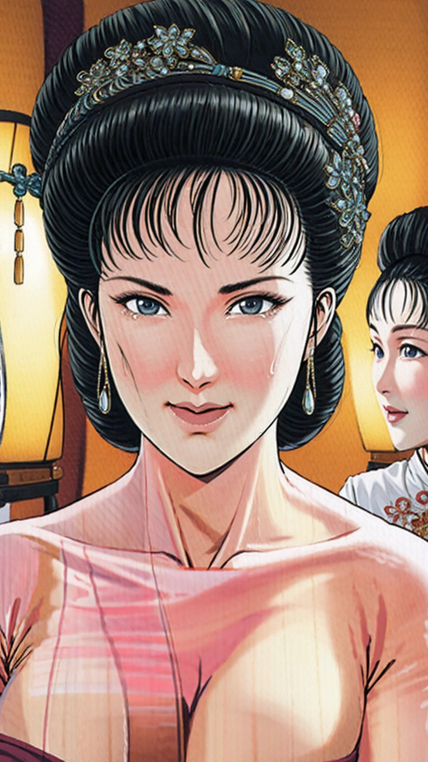 (best quality), (very aesthetic), (ultra-detailed), (best illustration),(a mature female),(perfect face),Suikoden,Mrs. Lin,(((NSFW))),((full_body)),((full_Nude)),(crying),red cheek,sweating,skinny,flushed skin,(hairly),(resting the back of her head on a pillow),(She is lying on her back completely naked),traditional Chinese bedroom,Legs spread,She spreads her pussy wide with her fingers
