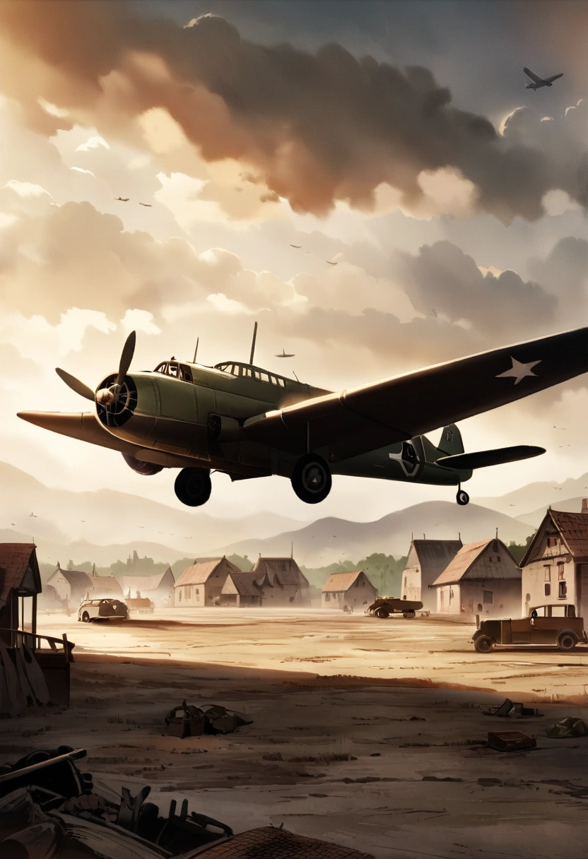 an old jet plane landing in a airfield, dusty, smokey, village background, world war 2