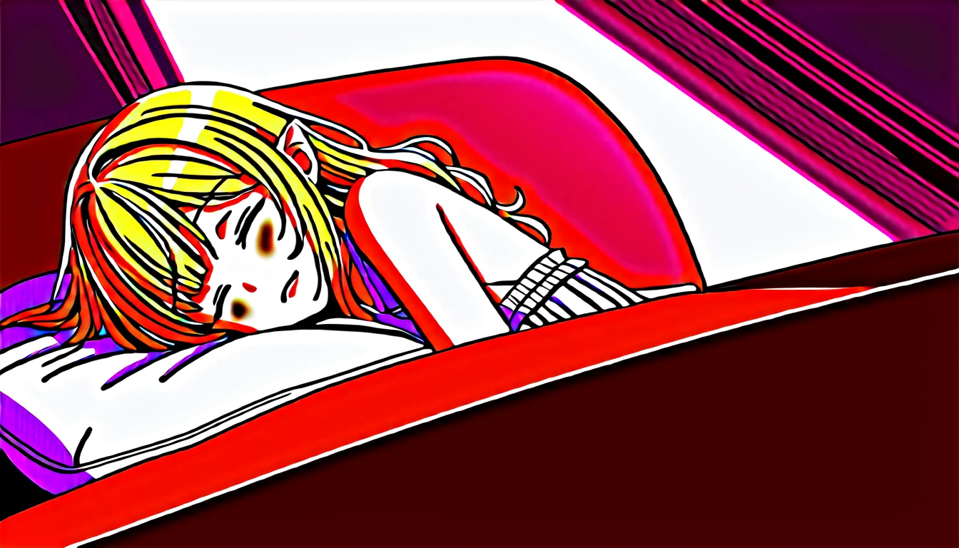 Japanese animation style、Digitally created illustration of an adult elf woman sleeping with her eyes closed on a sofa in a sunny coffee shop、She is wearing a frilly silk dress、Sleeping with her pet Shiba Inu、The Shiba Inu needs to sleep curled up next to her.、Relaxed facial expression、Long, loosely wavy blonde hair、Dappled sunlight coming through the window、The soft morning light shines in、Calm atmosphere、Detailed and clear drawing、Warm and gentle colors、Drawing from a top-down perspective