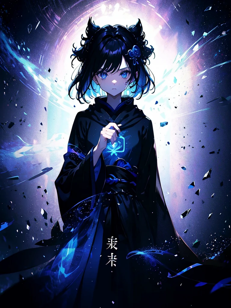 25-year-old girl、Rune background、black magician、Wearing a black robe、mesmerize、cute woman、Elegant hairstyle、indigo hair color、Slightly shorter hair、blue eyes、look at the viewer、masterpiece、Best image、