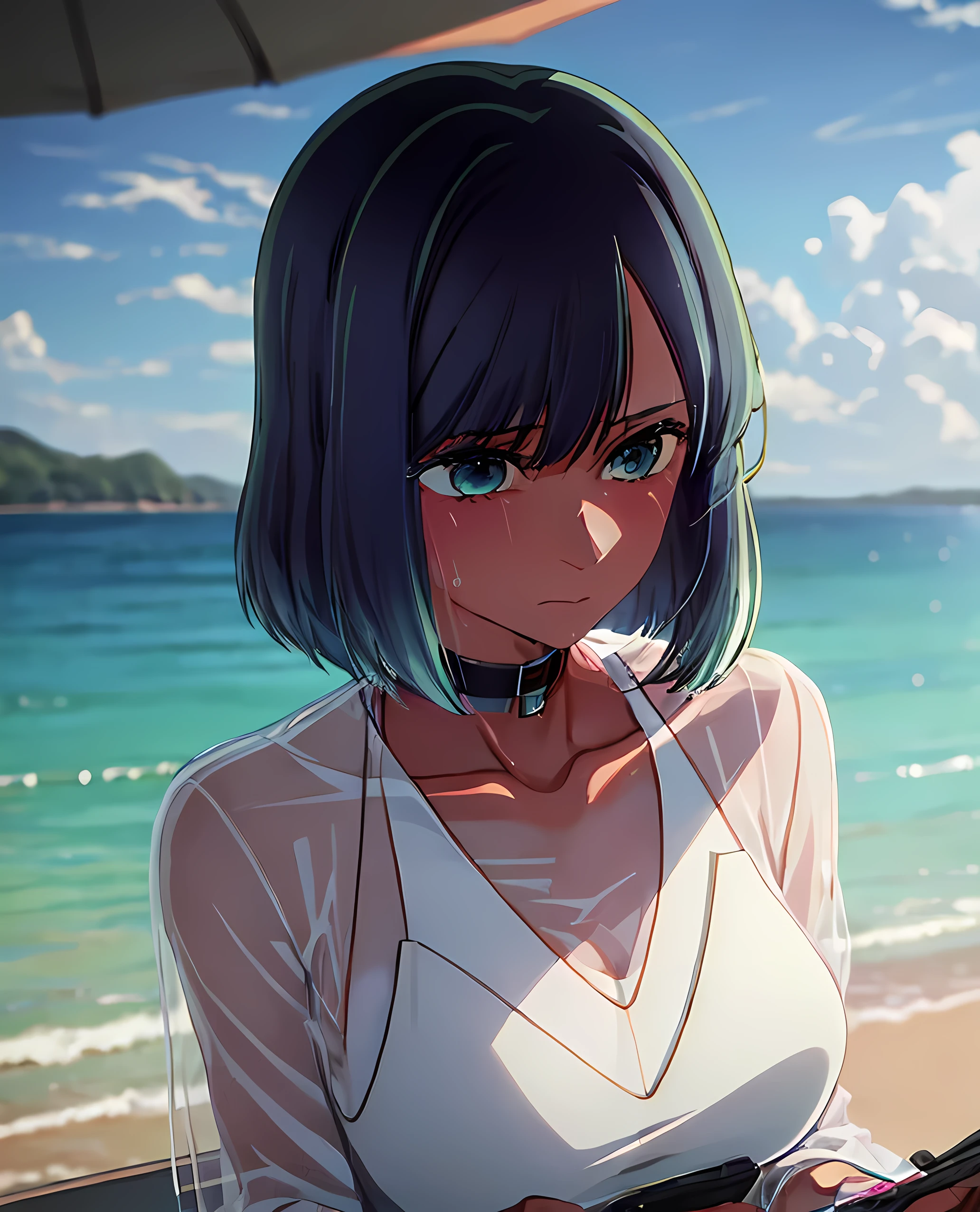 tall body, tall, long legs, mature woman, mature, adult, eft_oshi_akane, alone, 1 girl, blue hair, looking at viewer, medium hair, bikini, bangs, closed mouth, green eyes, multi-colored hair, short hair, hand top, sweat, bleached hair, blue eyes, on the beach, beach, more details XL
