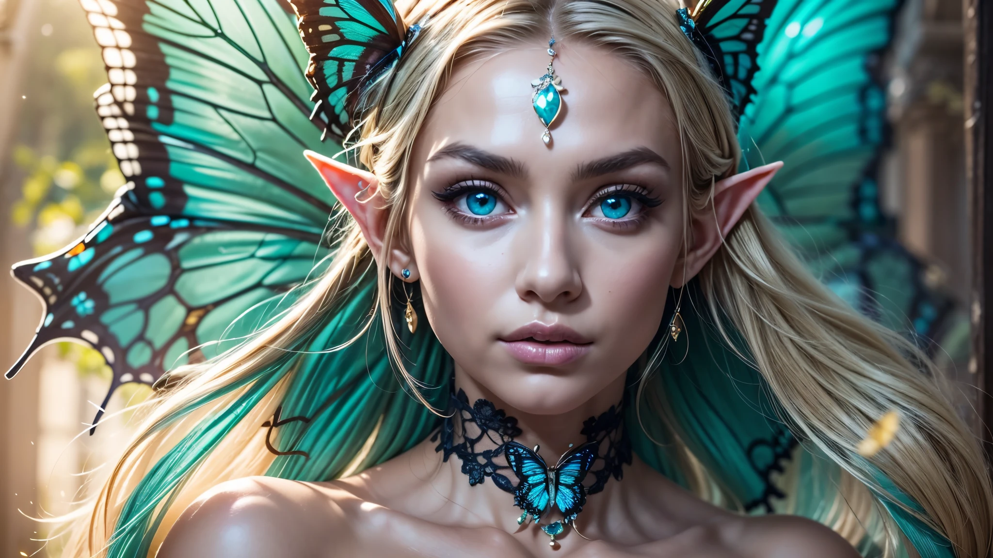 Beautiful, Amazing face and eyes, makeup, (extremely detailed beautiful face), Blonde, (sexiest look), (Beautiful :1.3), (Best Quality:1.4), (Ultra-detailed), (extremely detailed CG unified 8k wallpaper), Highly detailed, RAW Photos, Professional Photography, (silk see through lace:1.3), full body, sitting, (Spread your legs), (:1.4), plein air, Illumination, (Super fancy photos:1.4), (Dazzling light), Radiant Photography, depth of fields, (Glowing blue eyes), (realistic elf ear), (castle, fantasy setting), ((orbs)), massive butterfly wings, flowing butterfly wings, 