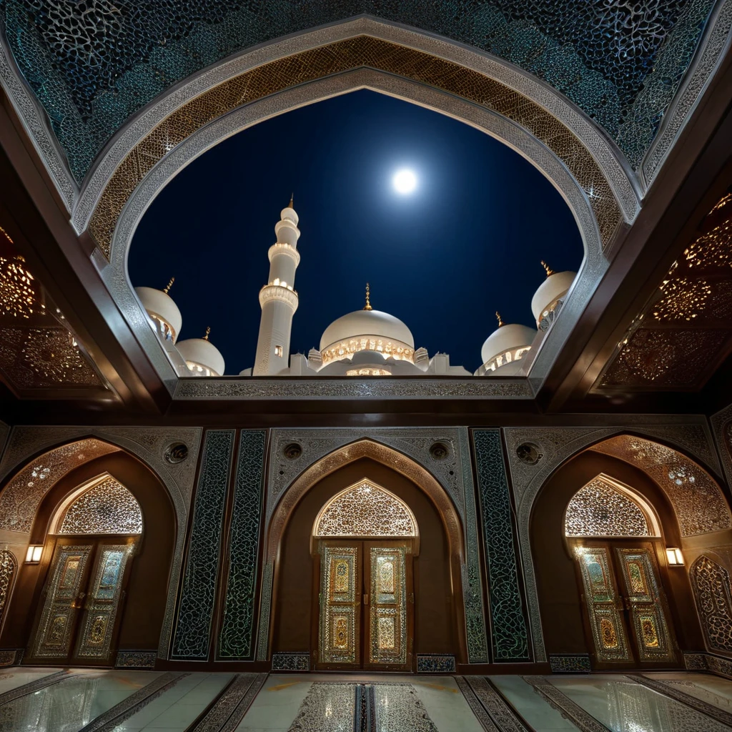 Beautiful arabesque ceiling、Mosque、interior、Super detailed photos、Perspective angle、Night view with the moon