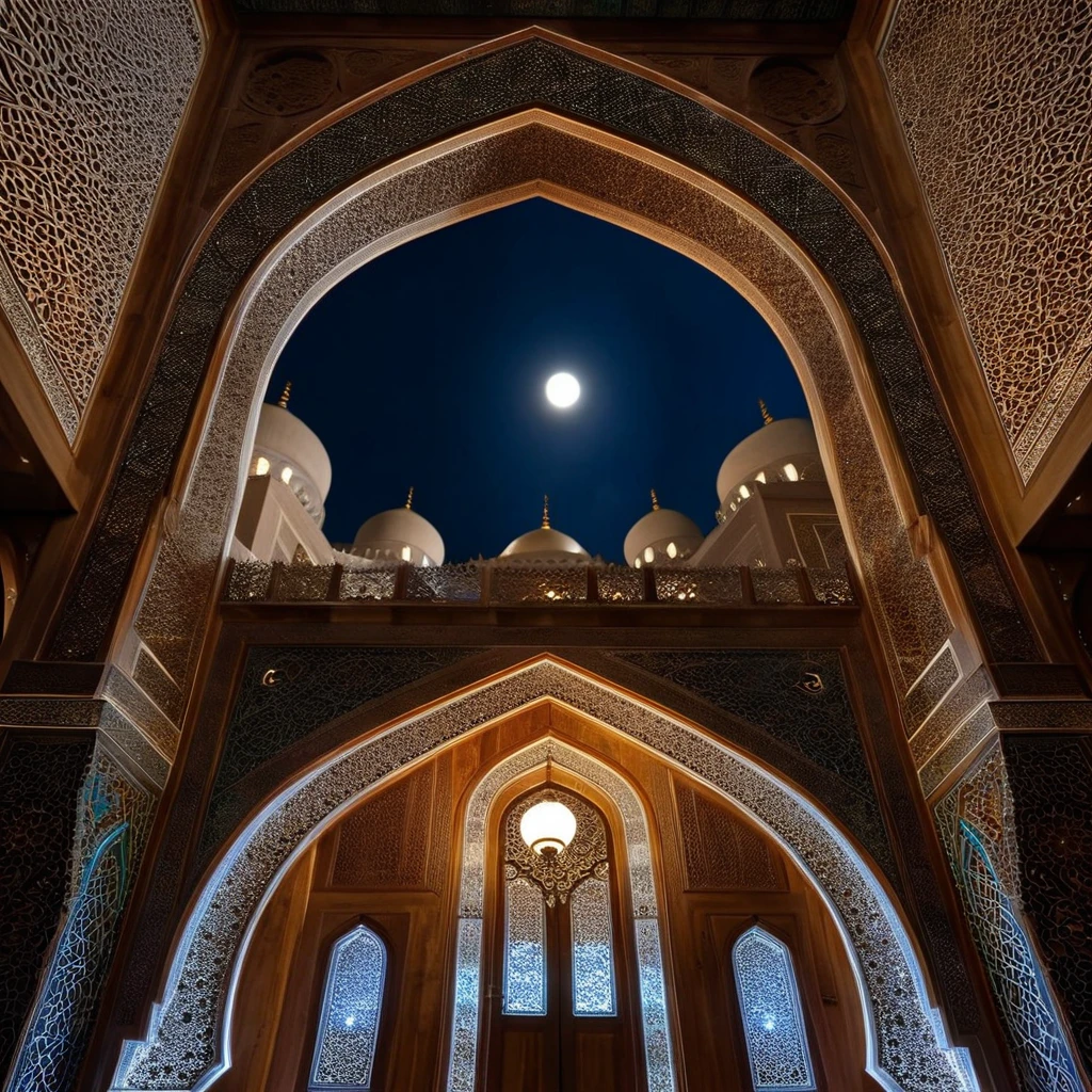 Beautiful arabesque ceiling、Mosque、interior、Super detailed photos、Perspective angle、Night view with the moon