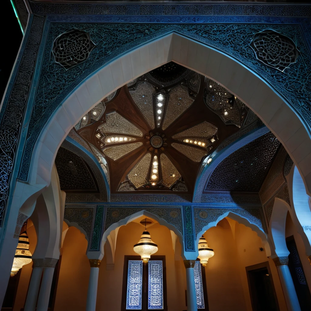 Beautiful arabesque ceiling、Mosque、interior、Super detailed photos、Perspective angle、Night view with the moon