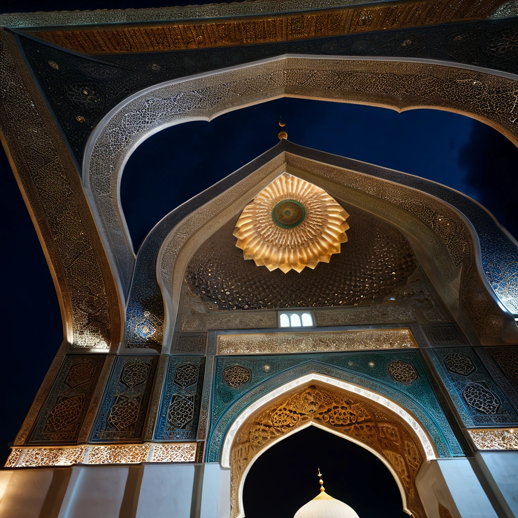 Beautiful arabesque ceiling、Mosque、interior、Super detailed photos、Perspective angle、Night view with the moon