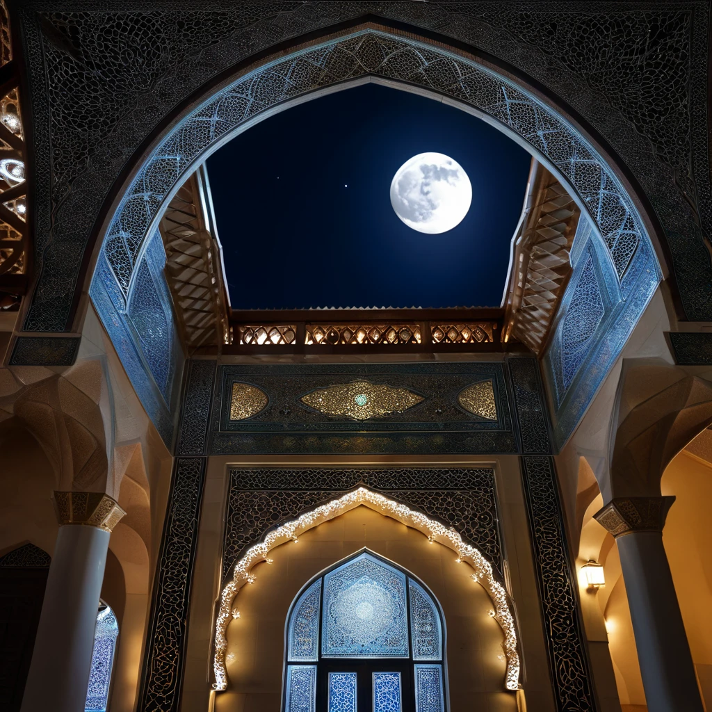 Beautiful arabesque ceiling、Mosque、interior、Super detailed photos、Perspective angle、Night view with the moon