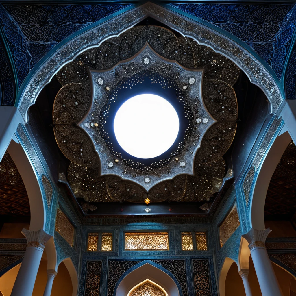 Beautiful arabesque ceiling、Mosque、interior、Super detailed photos、Perspective angle、Night view with the moon